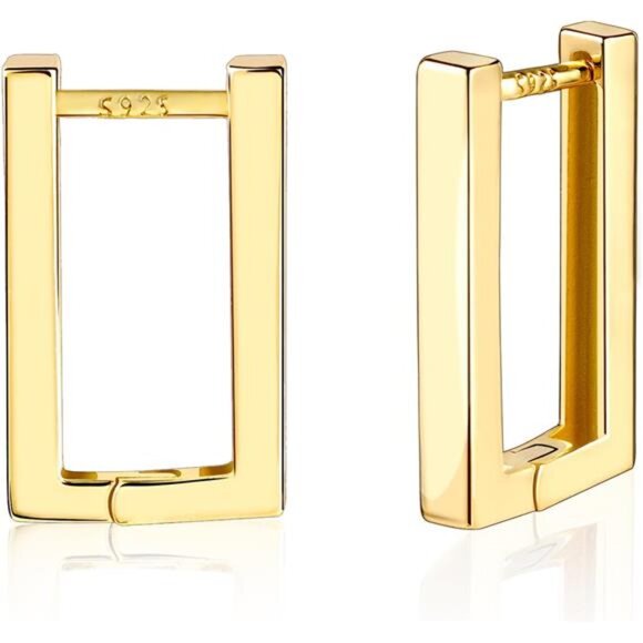 14K Gold Small Square Hoop Earrings – Minimalist Rectangle Huggie Hoops - Picture 1 of 5
